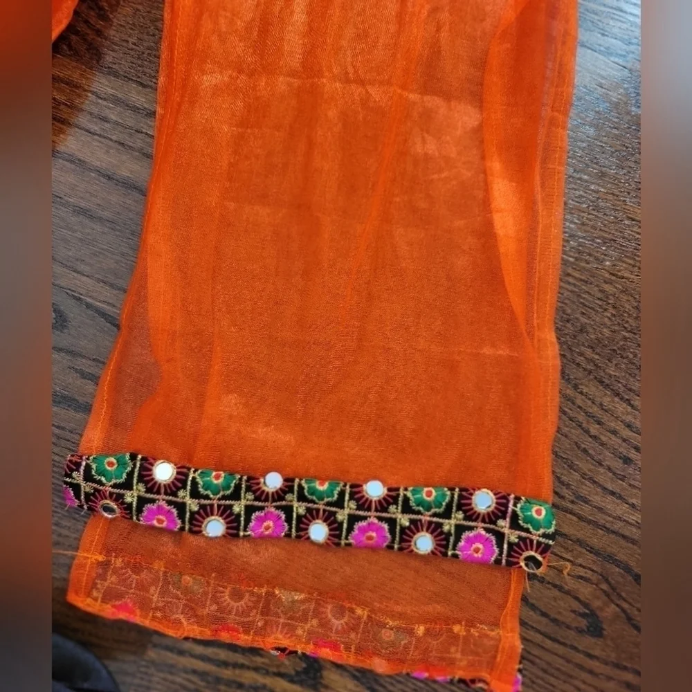 Girls Orange Chaniya Choli Lehenga Set w/ Mirror Work + Dupatta (5-6Y)